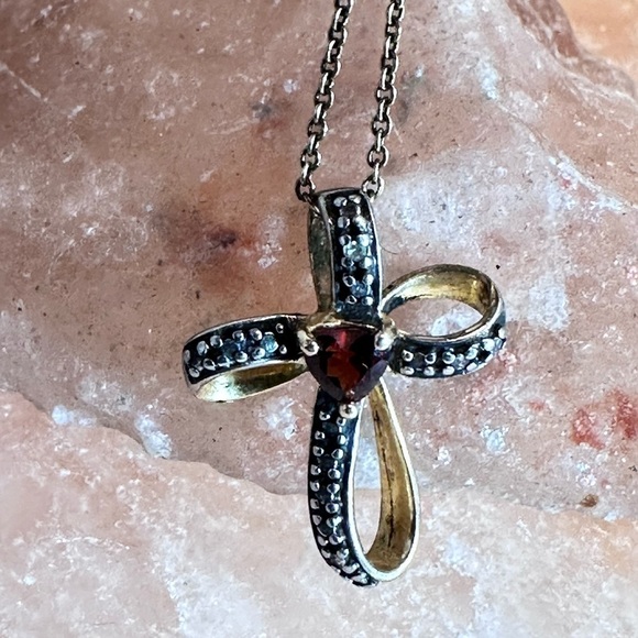CROSS PENDANT NECKLACE GEMSTONE AND MARCASITE GOLD OVER STERLING PETITE 5509 L - Picture 5 of 12